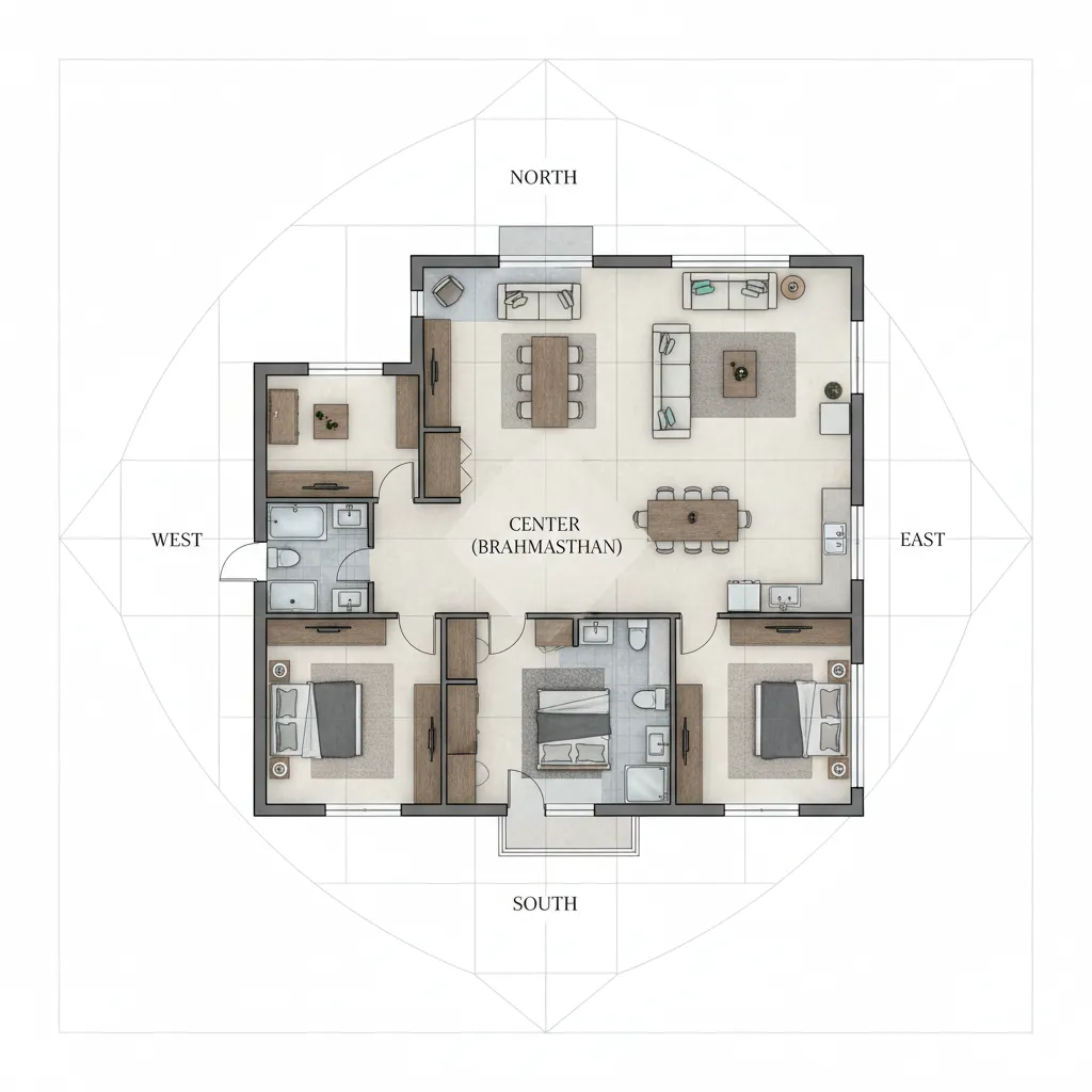 Vastu home layout grid showing directional zones for rooms