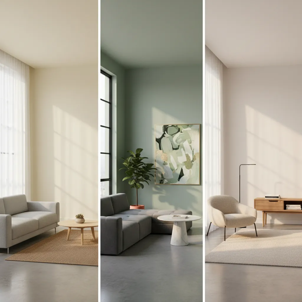 three east wall color examples including pale yellow sage green and warm white