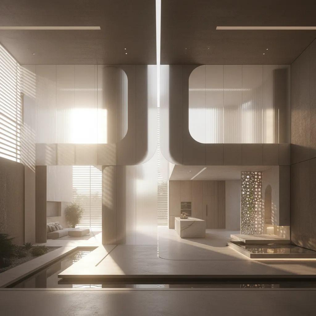 Futuristic open plan home with indoor water feature kitchen island sofa glass walls and warm sunlight