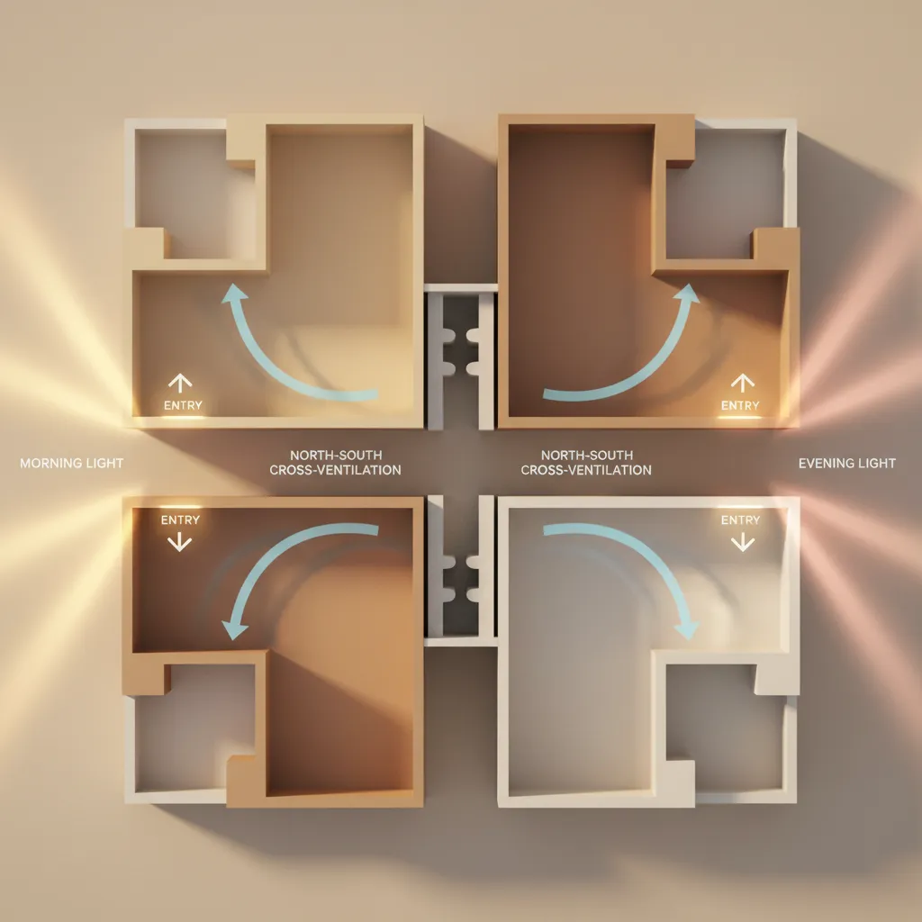4-Unit Vastu-Aligned Floor Plan: Four flats per level tuned for energy, privacy, and future urban living