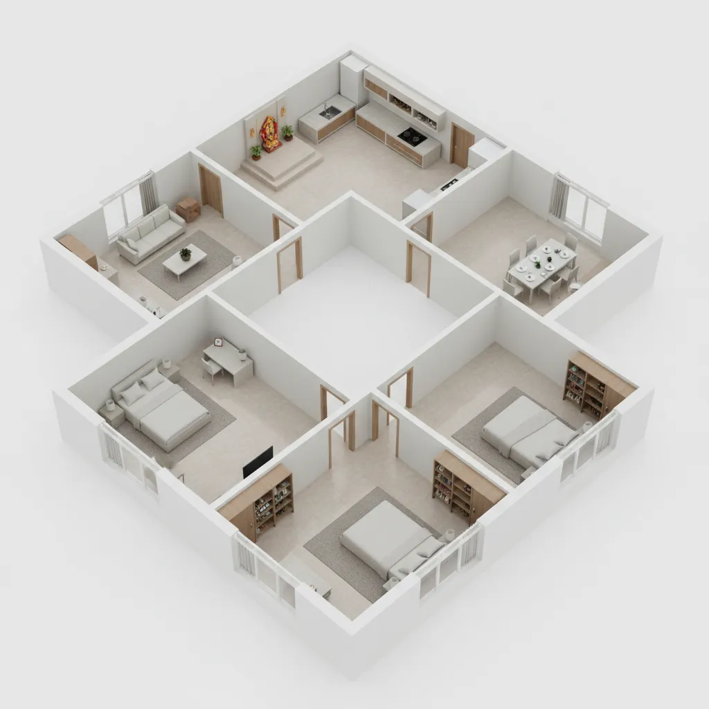 3D interior visualization showing vastu based residential layout