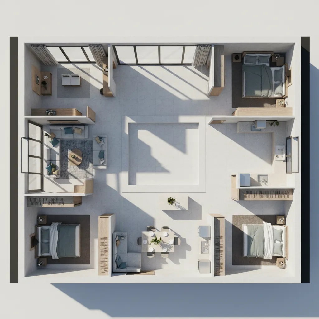 Interior layout illustrating Vastu directional zones and spatial balance