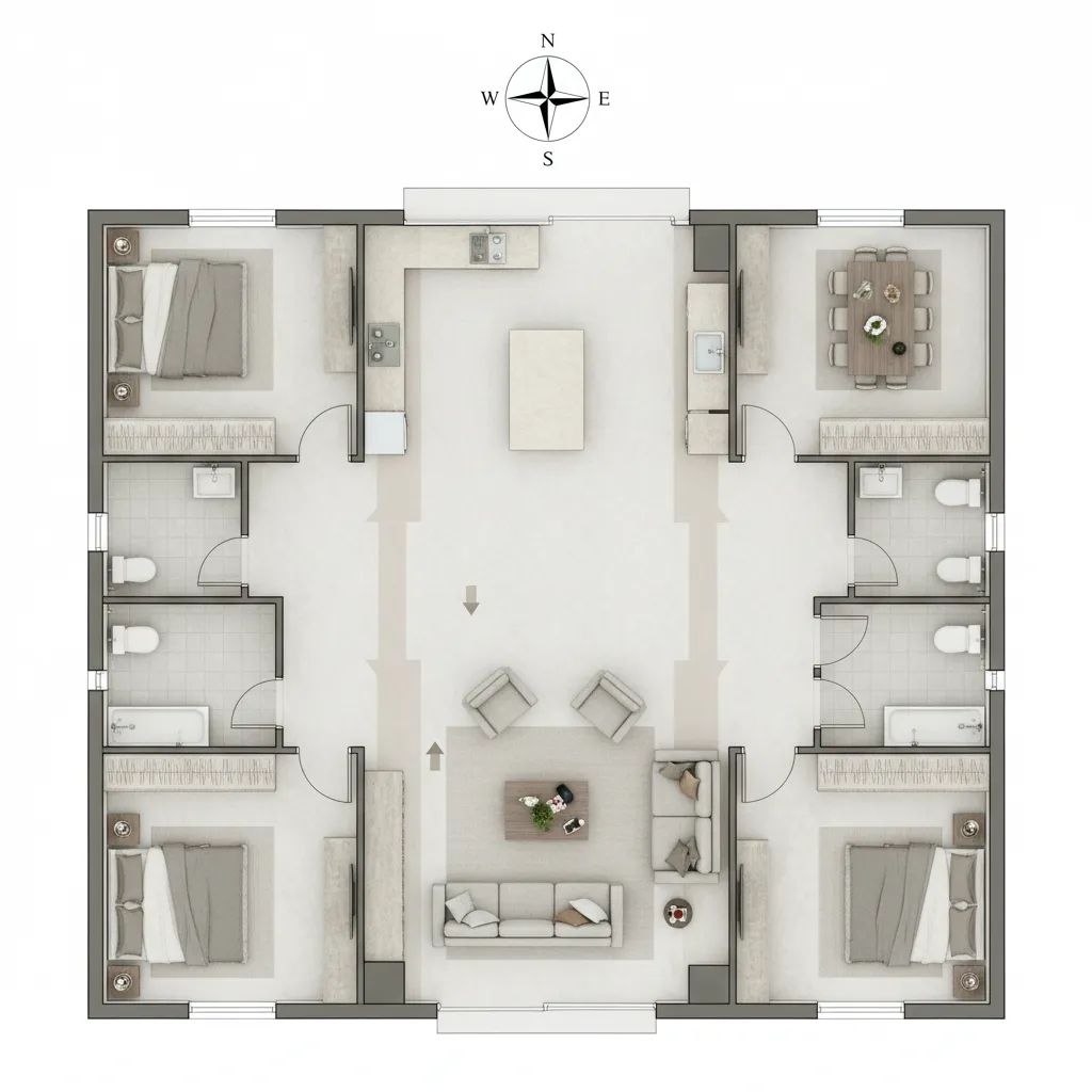 House layout diagram showing entrance living room and directional compass for vastu planning
