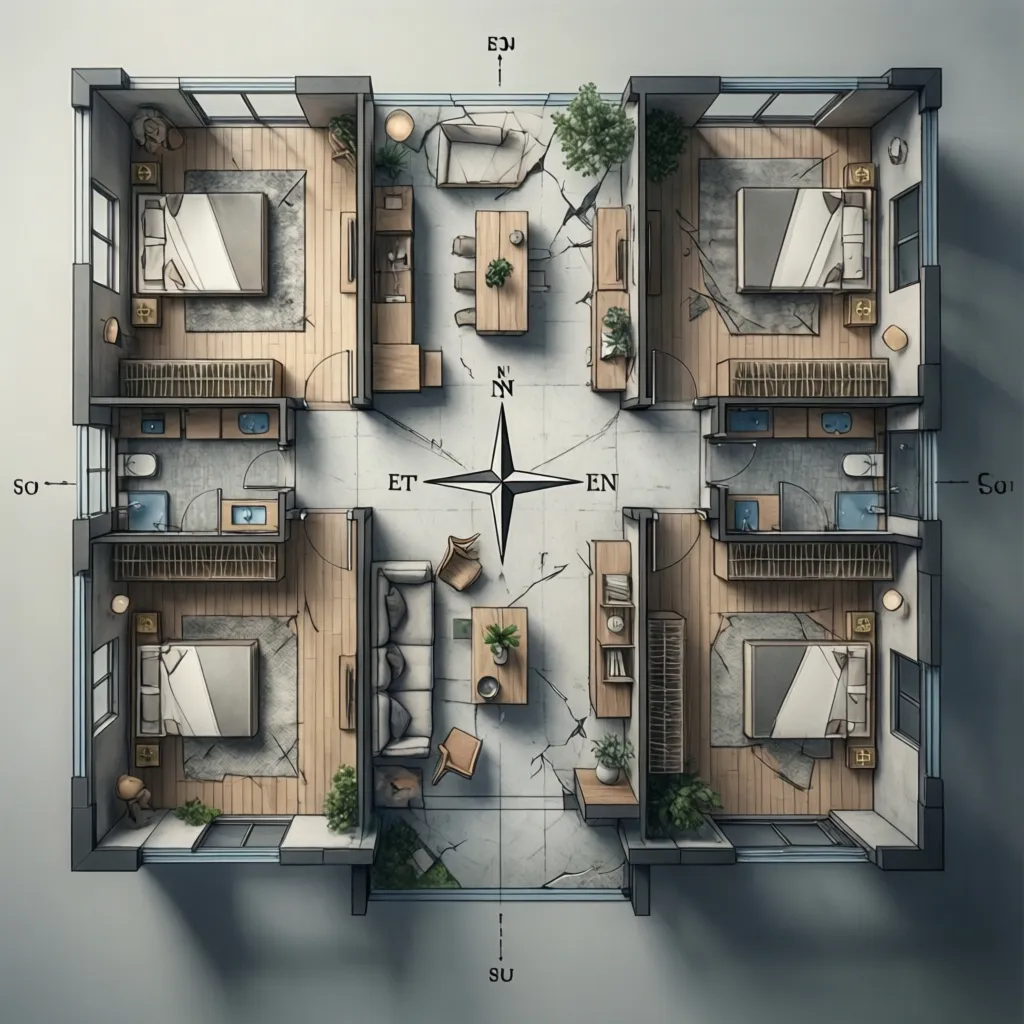 House floor plan orientation diagram showing north east south west directions for Vastu planning