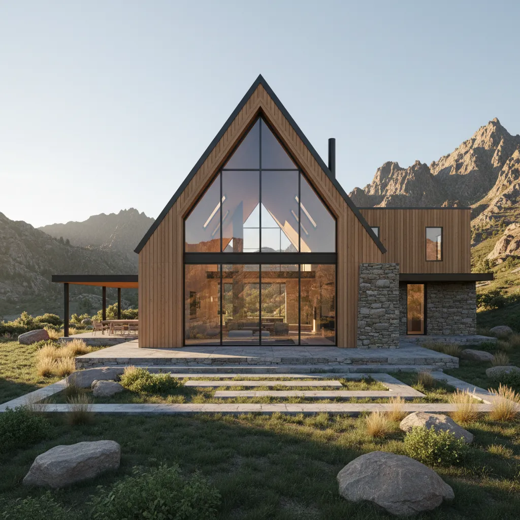 Completed A-frame house project with large glass facade and mountain landscape