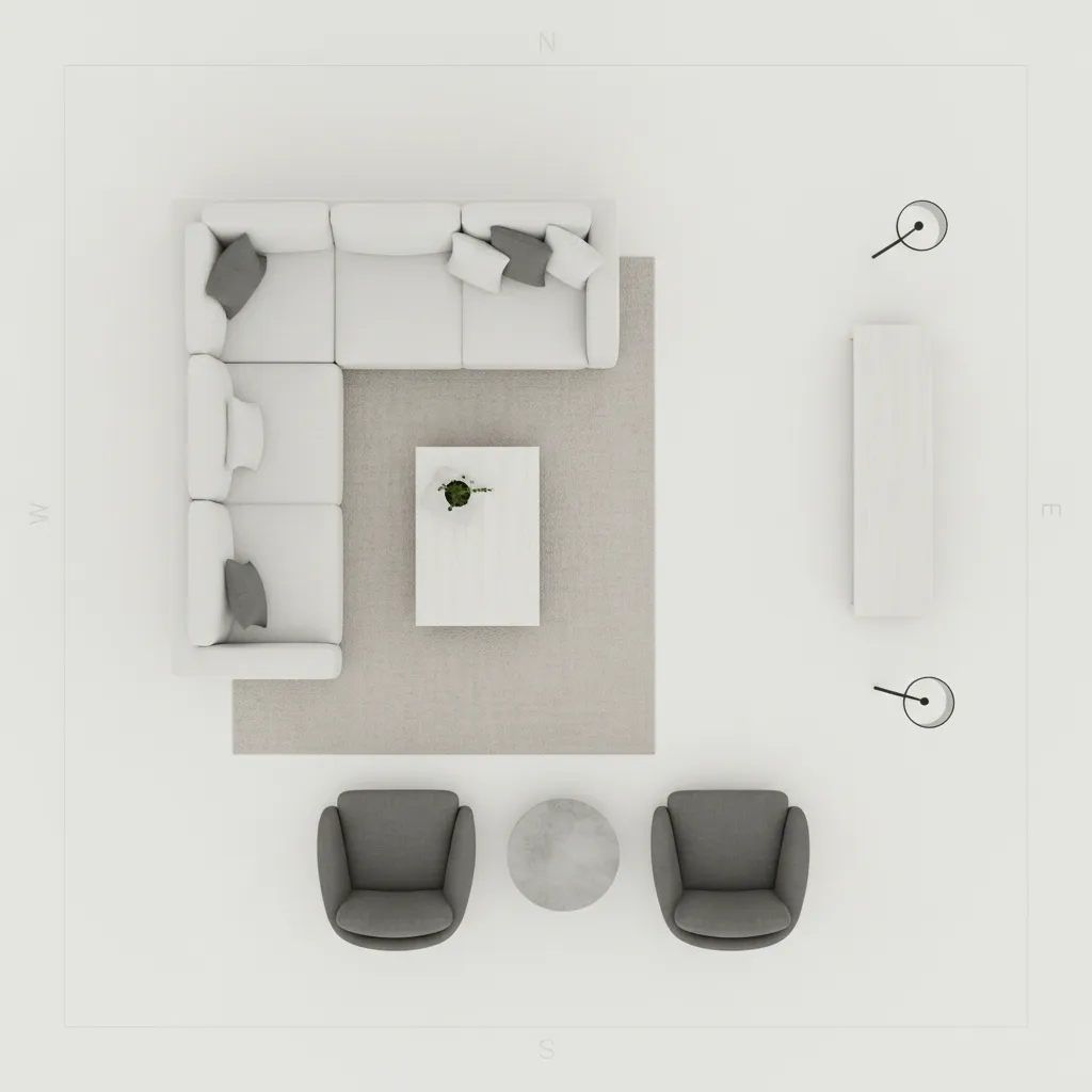 Interior layout diagram showing Vastu directional zones and furniture weight balance