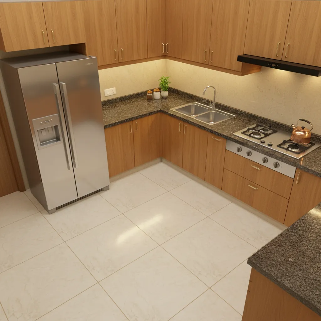 Kitchen layout showing correct placement of stove sink and refrigerator based on Vastu principles