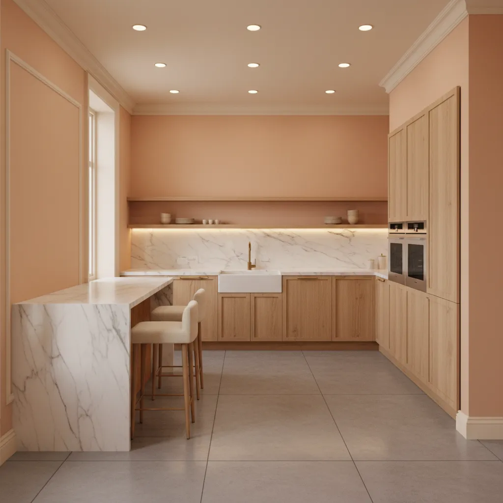Peach and cream kitchen wall combination with modern cabinets