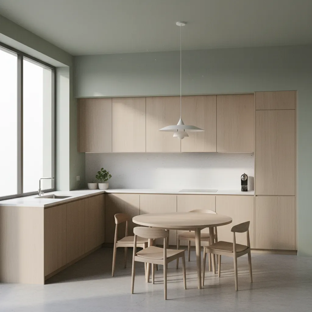 Kitchen interior with soft green walls and natural light