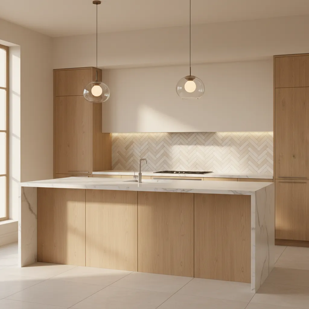 Kitchen with cream and beige color palette following Vastu design ideas