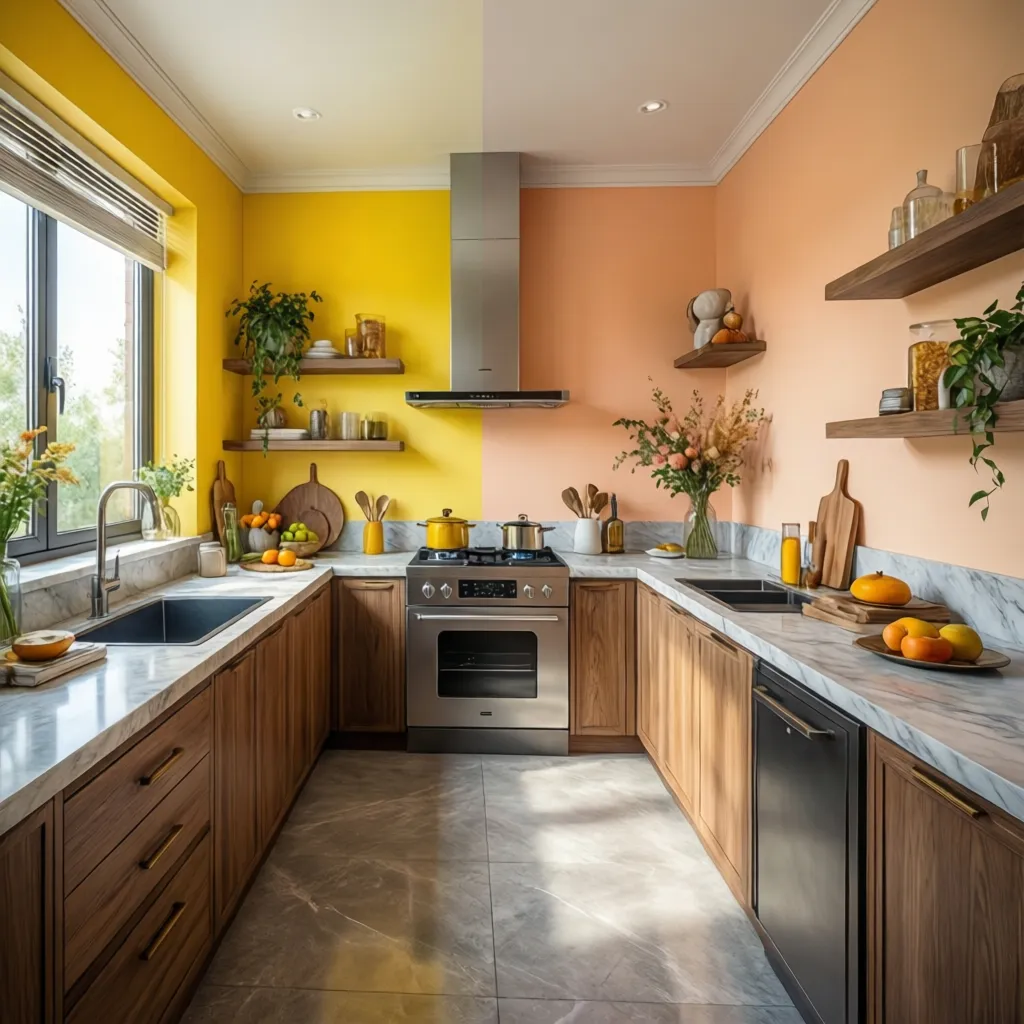 Comparison of warm vastu kitchen colors like yellow and peach in modern kitchen interiors