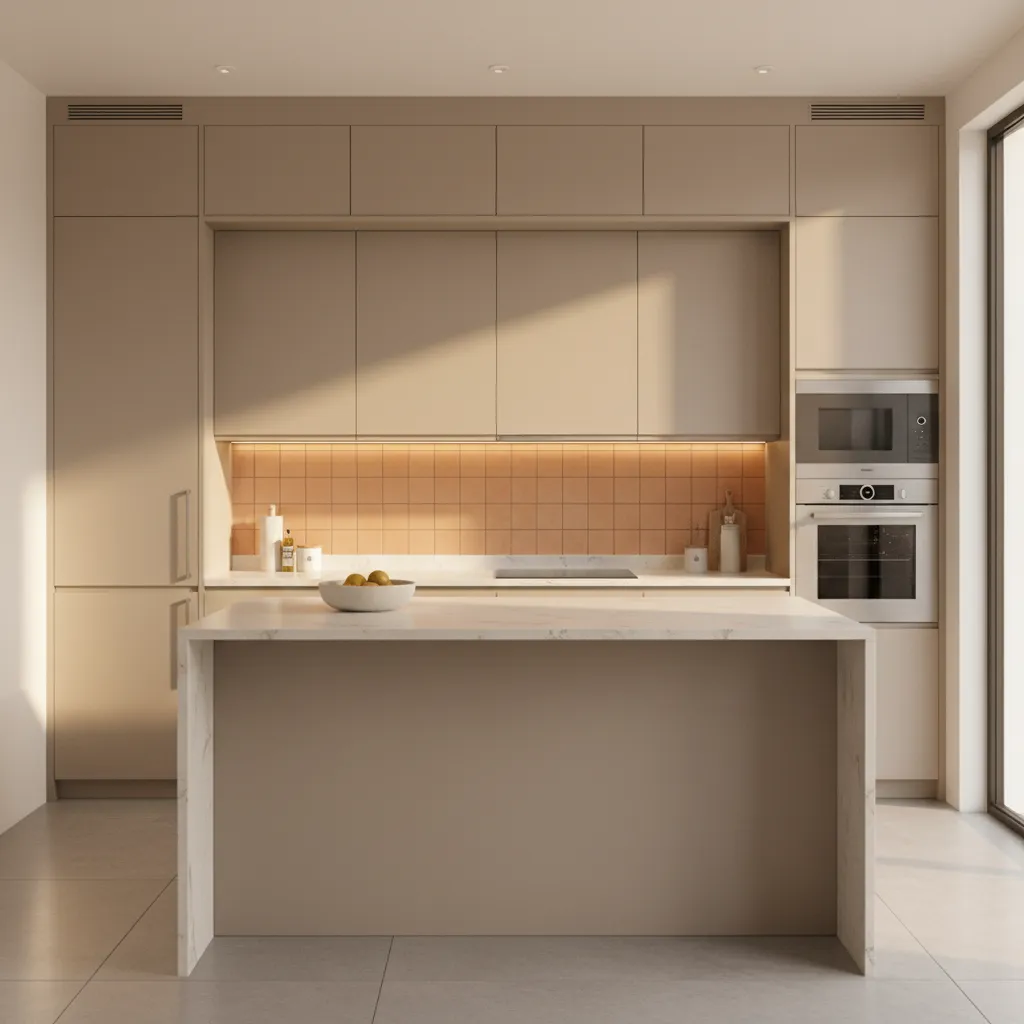 modern kitchen layout with beige cabinets and orange backsplash