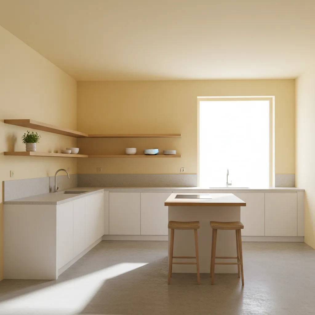 Kitchen interior with light yellow walls and natural lighting