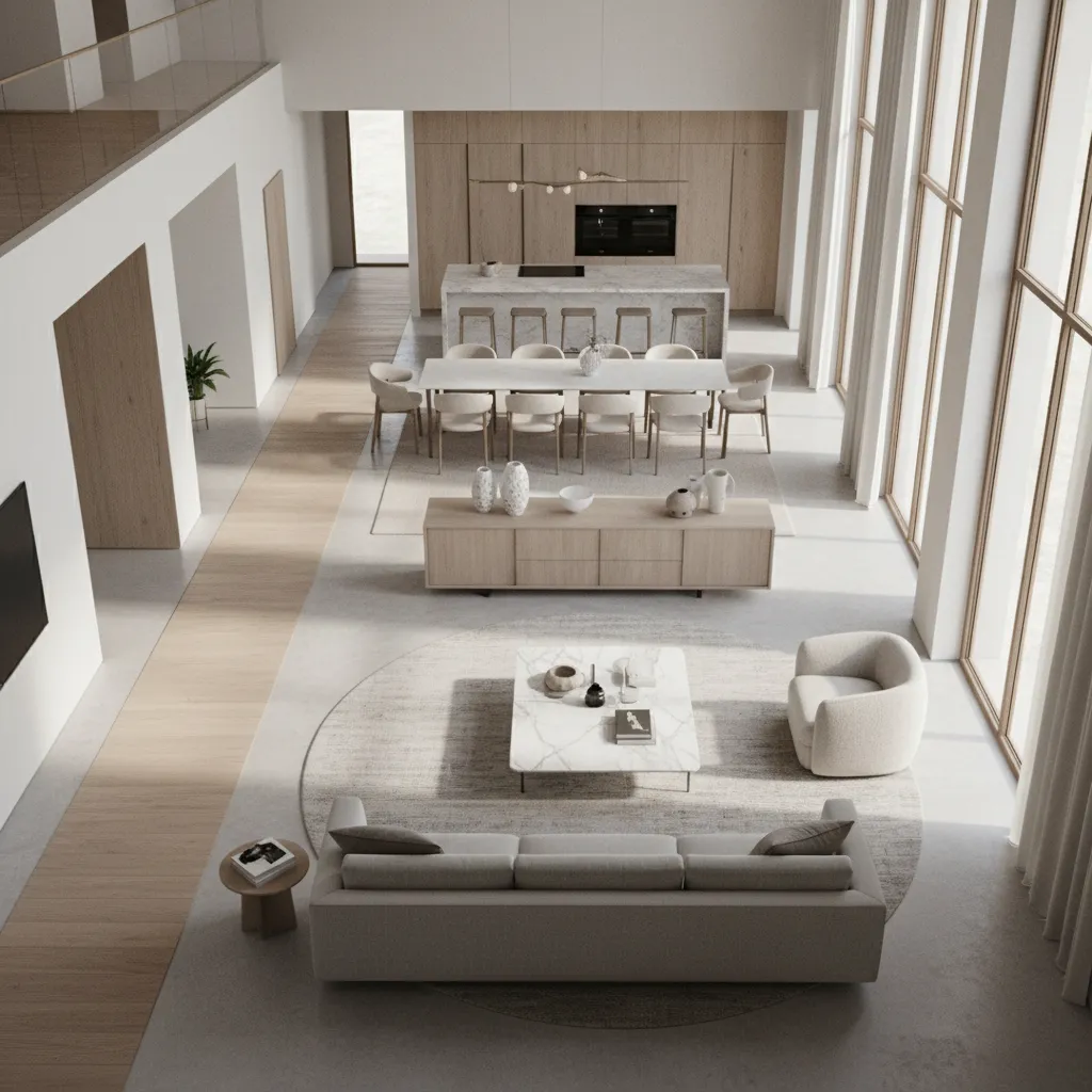 Open living room layout showing directional planning aligned with Vastu principles