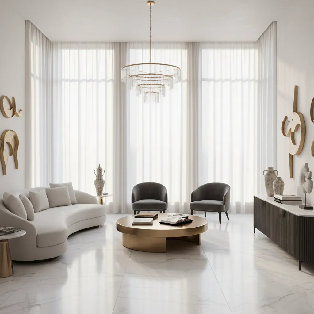 Italian style living room with large east facing windows and natural daylight