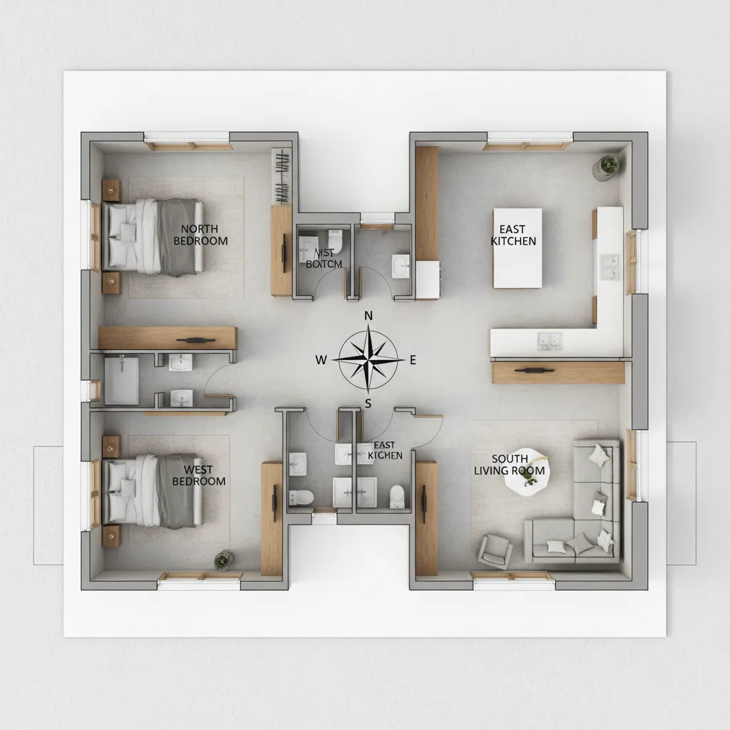 Residential house layout showing directional orientation used in vastu planning