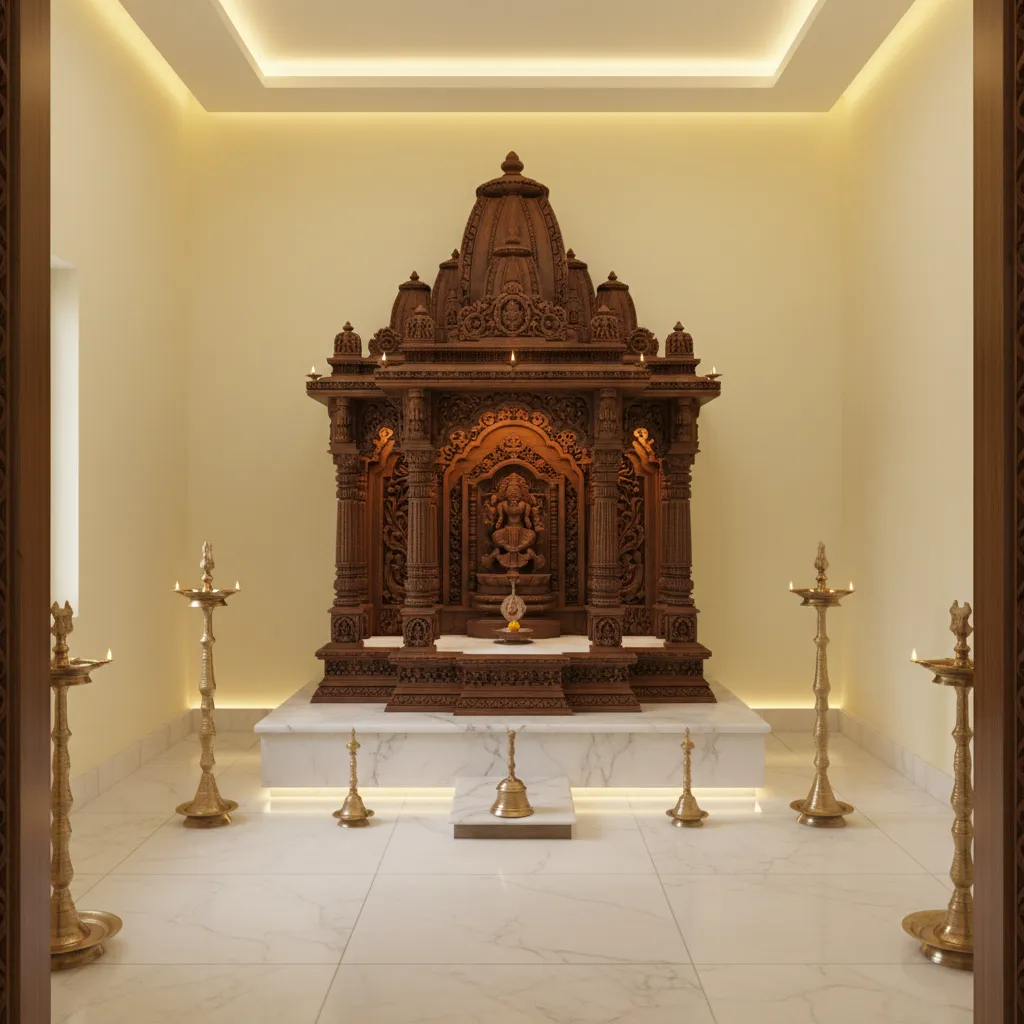 Pooja room with light yellow walls wooden temple and brass lamps
