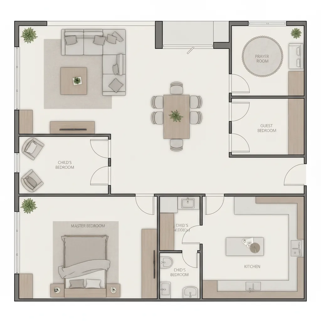 Example house layout showing ideal room placement according to Vastu principles