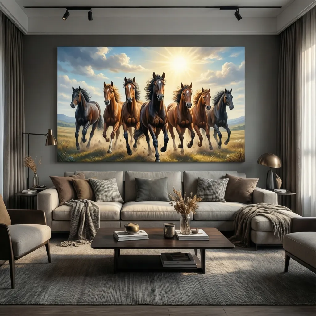 Seven horses painting placed above sofa in modern living room