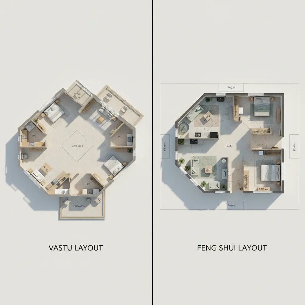 Side by side comparison of room placement rules in Vastu and Feng Shui