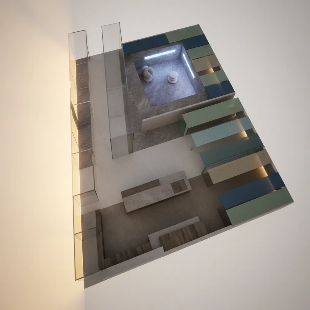 Top view of a modern room layout with stone floor sitting area and colored wall panels