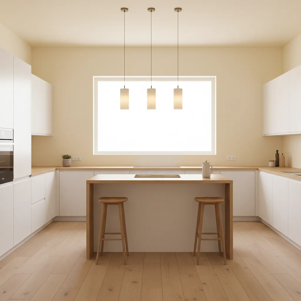 Kitchen interior with soft yellow walls and natural light