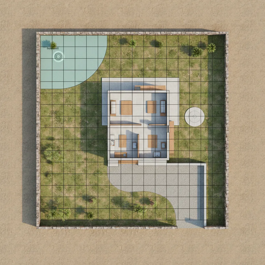Top down house layout on a grid showing a blue water zone in the garden corner