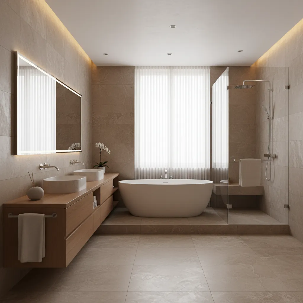 modern spa style bathroom with warm lighting and wood vanity
