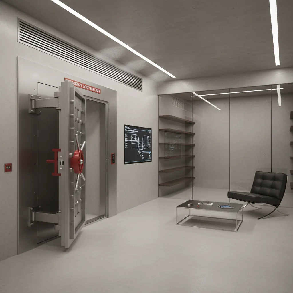 Secure vault room with emergency interior door release and ventilation