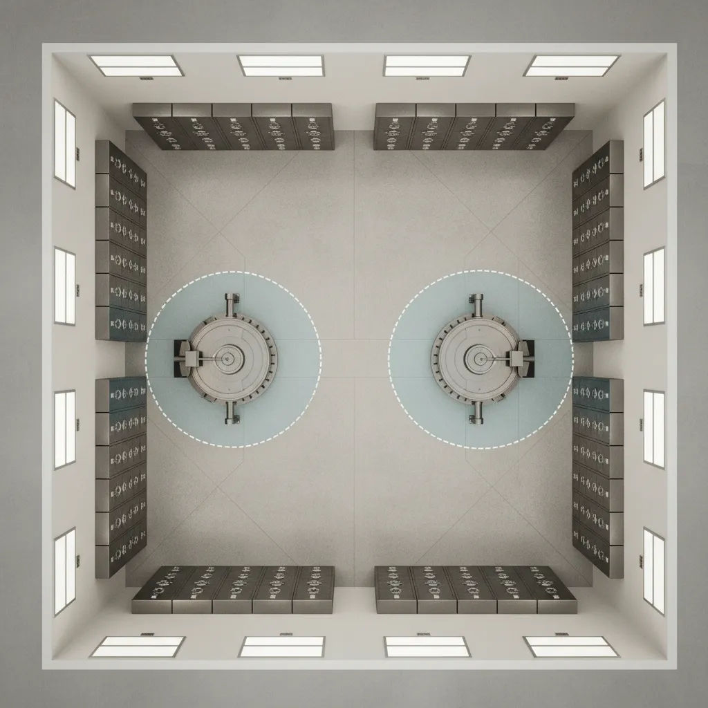 3D vault room layout plan showing safe clearance and circulation space