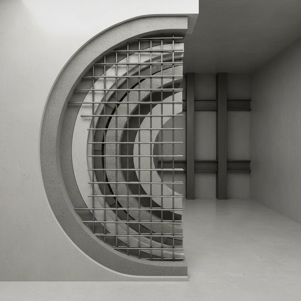 Cutaway view of reinforced concrete vault room walls with steel mesh