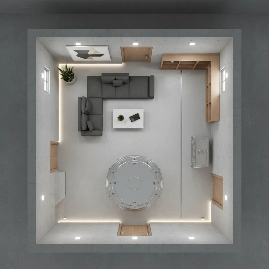 Residential vault room layout with reinforced walls and security door