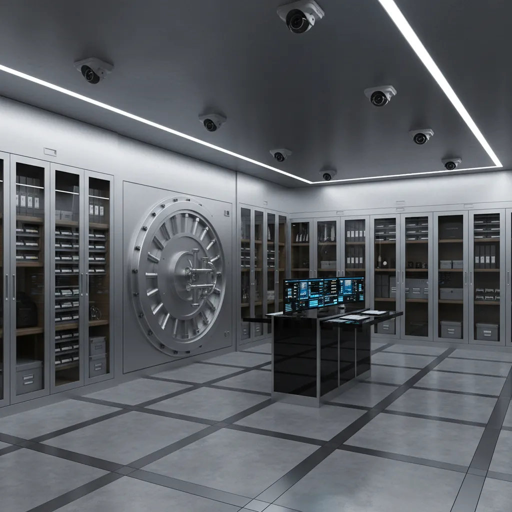 Interior of vault room with security cameras and monitoring system