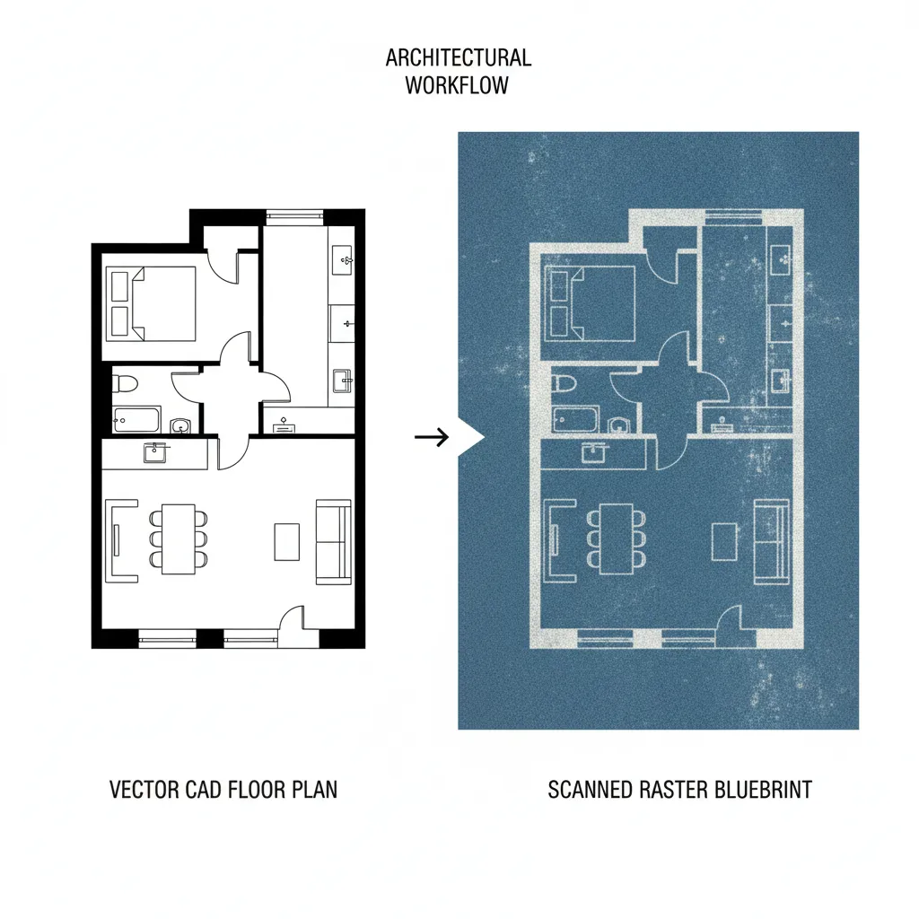 vector floor plan lines compared to raster scanned blueprint for 3D modeling