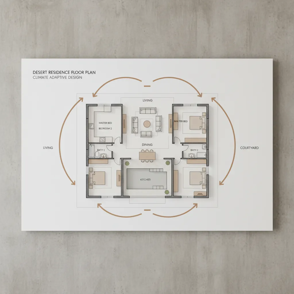 Residential space planning diagram for a desert climate home layout