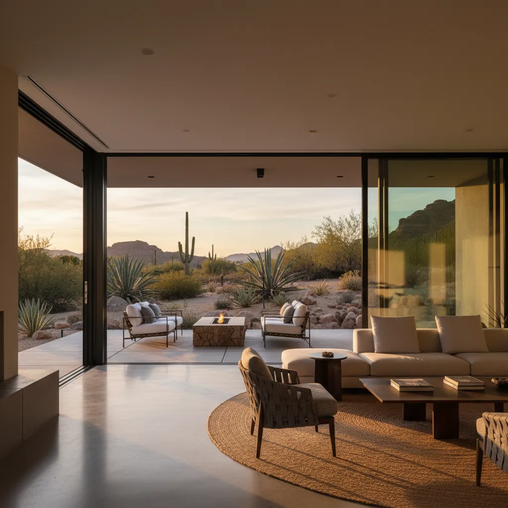 Las Vegas home connecting indoor living room to shaded outdoor patio