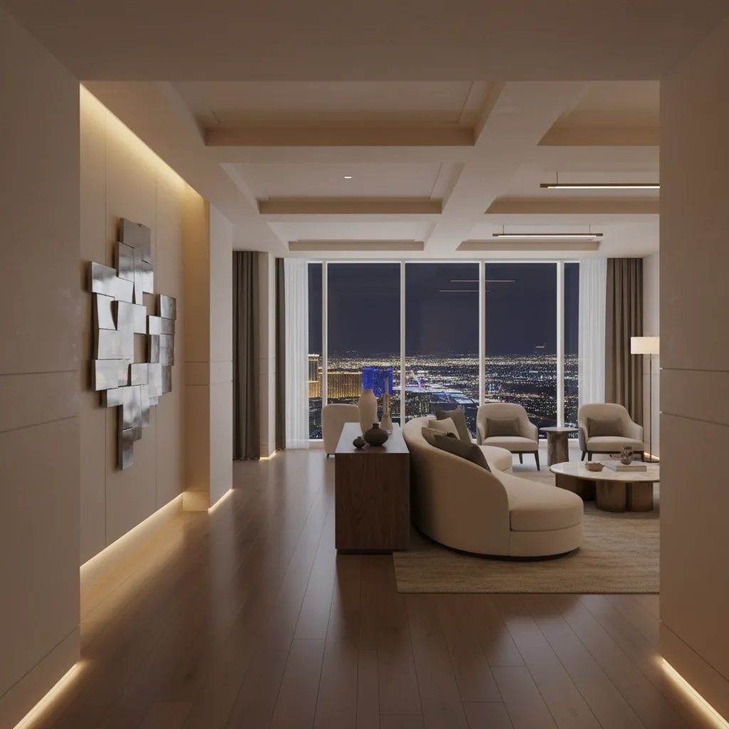 Hotel suite entry leading into an open living area with sofa and city view windows