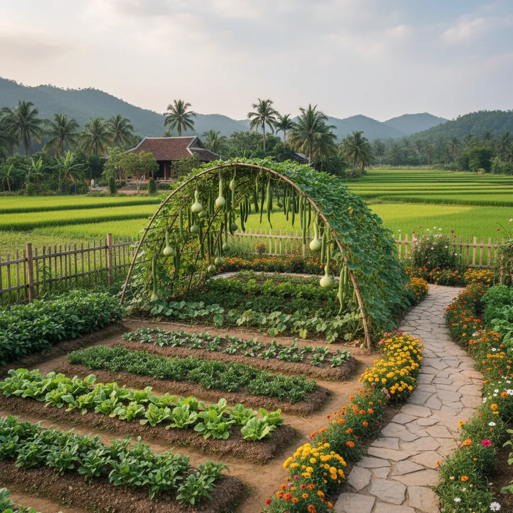Sân vườn nhà quê kết hợp vườn rau và cây hoa