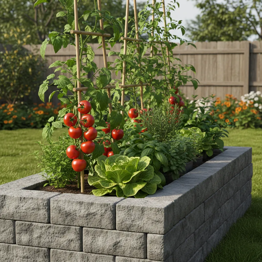 Tomatoes lettuce and herbs growing in a faux stone raised garden bed
