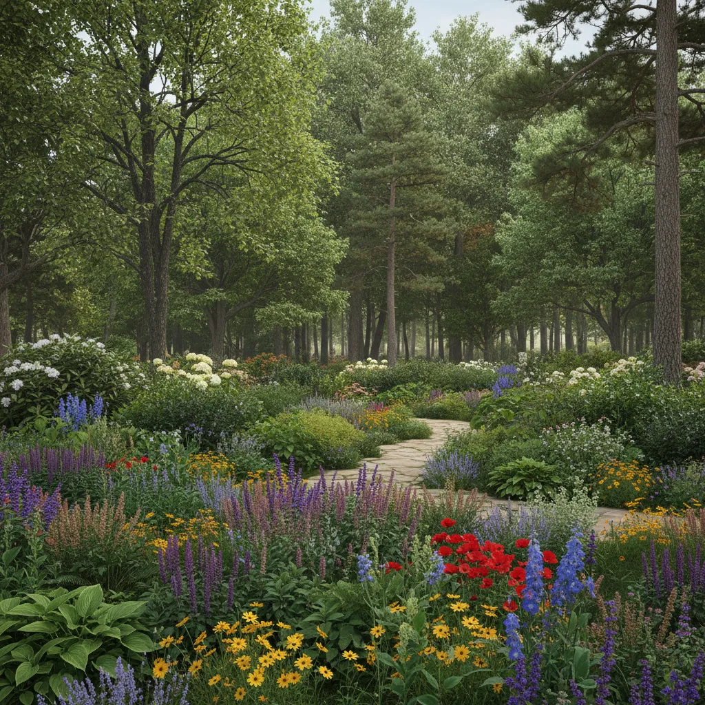 Landscape rendering showing layered vegetation with foreground plants midground shrubs and background trees