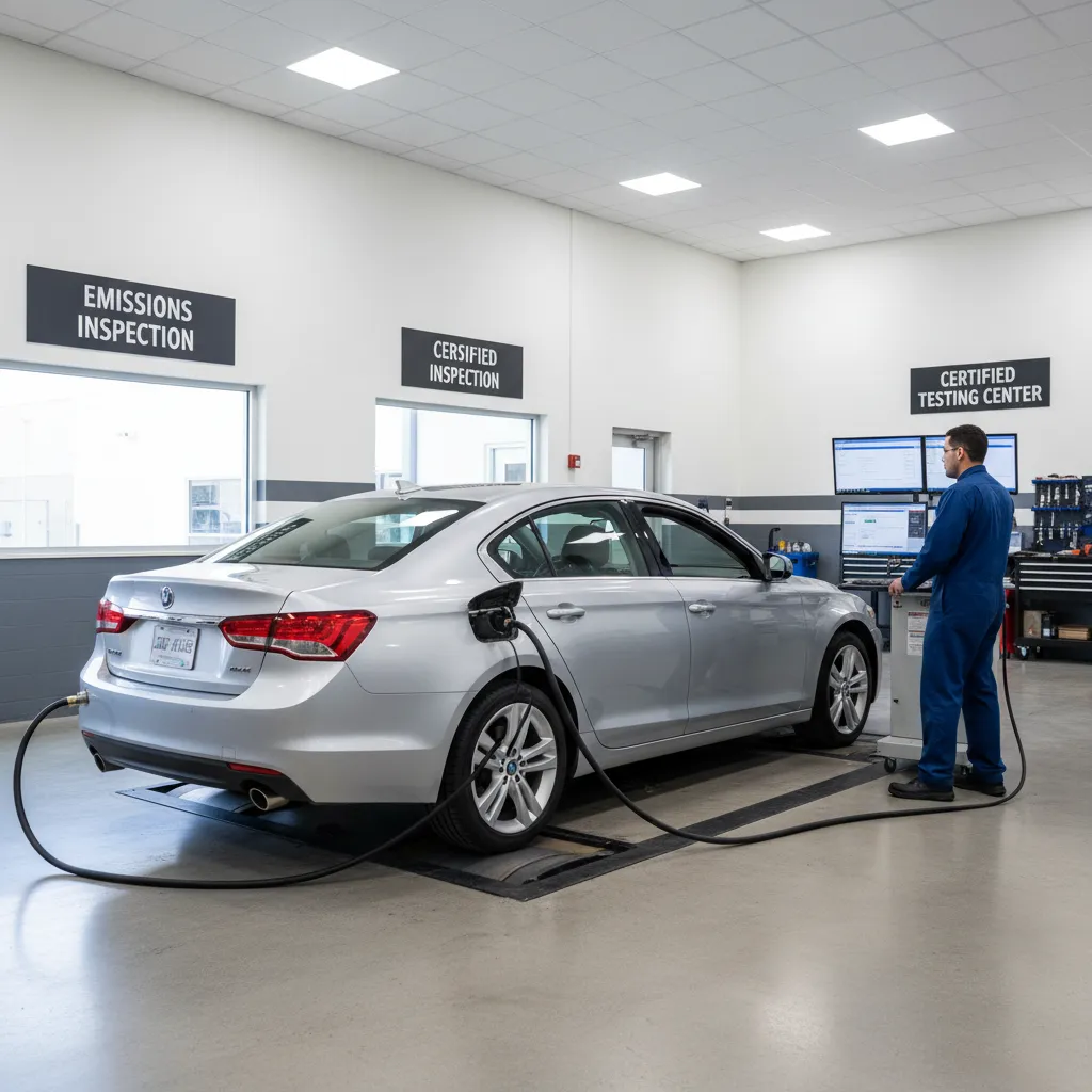 Car undergoing emissions testing at a vehicle inspection station