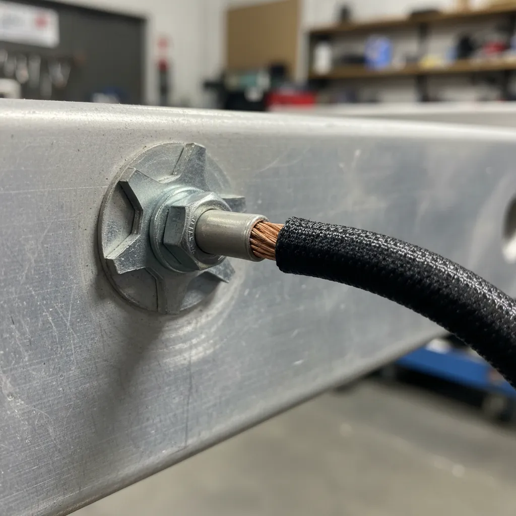 Automotive ground wire attached to bare metal chassis point