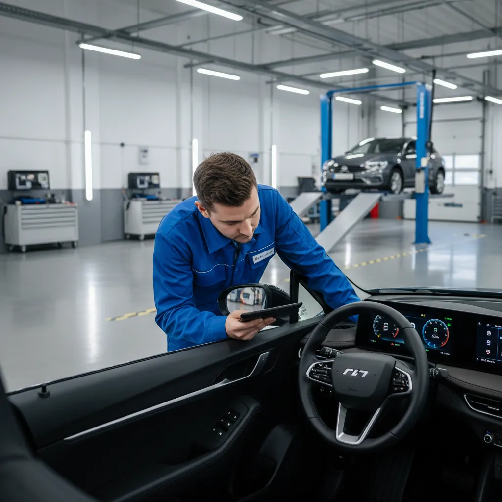 Inspector reviewing dashboard warning lights during safety inspection