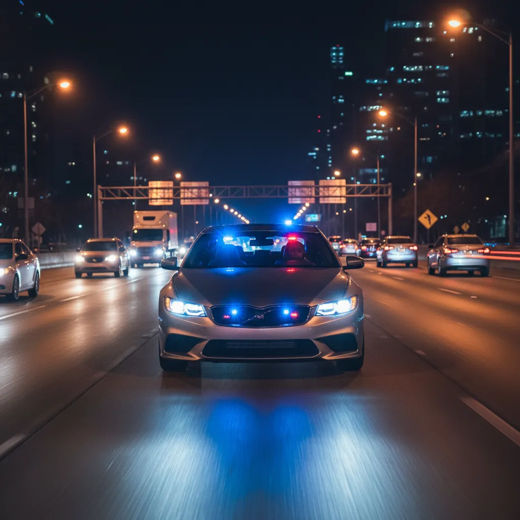 front view showing visibility of flashing lights on a car