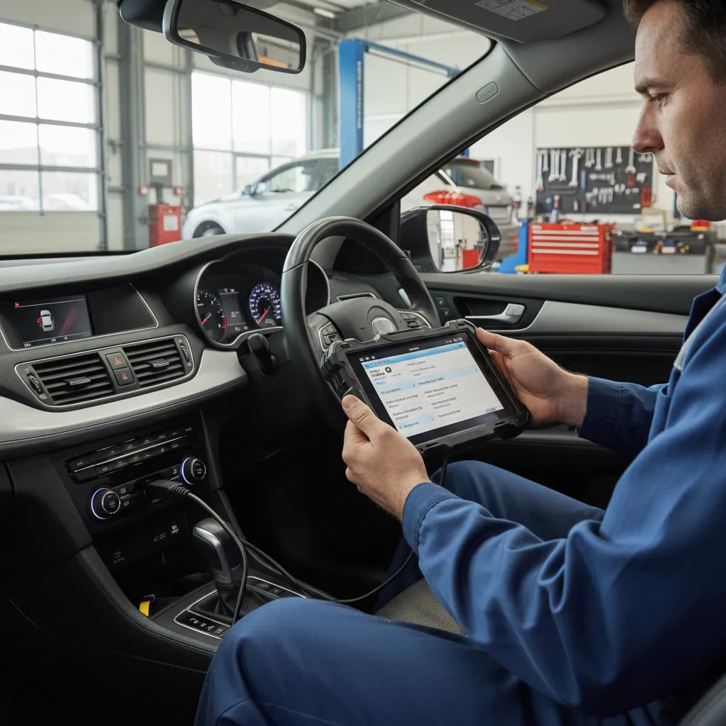 Mechanic using OBD scanner to reset airbag system codes