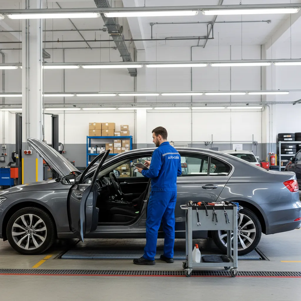 Mechanic performing a vehicle safety inspection in a garage