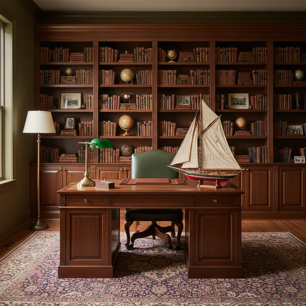 Maqueta de velero decorando un despacho con muebles de madera oscura