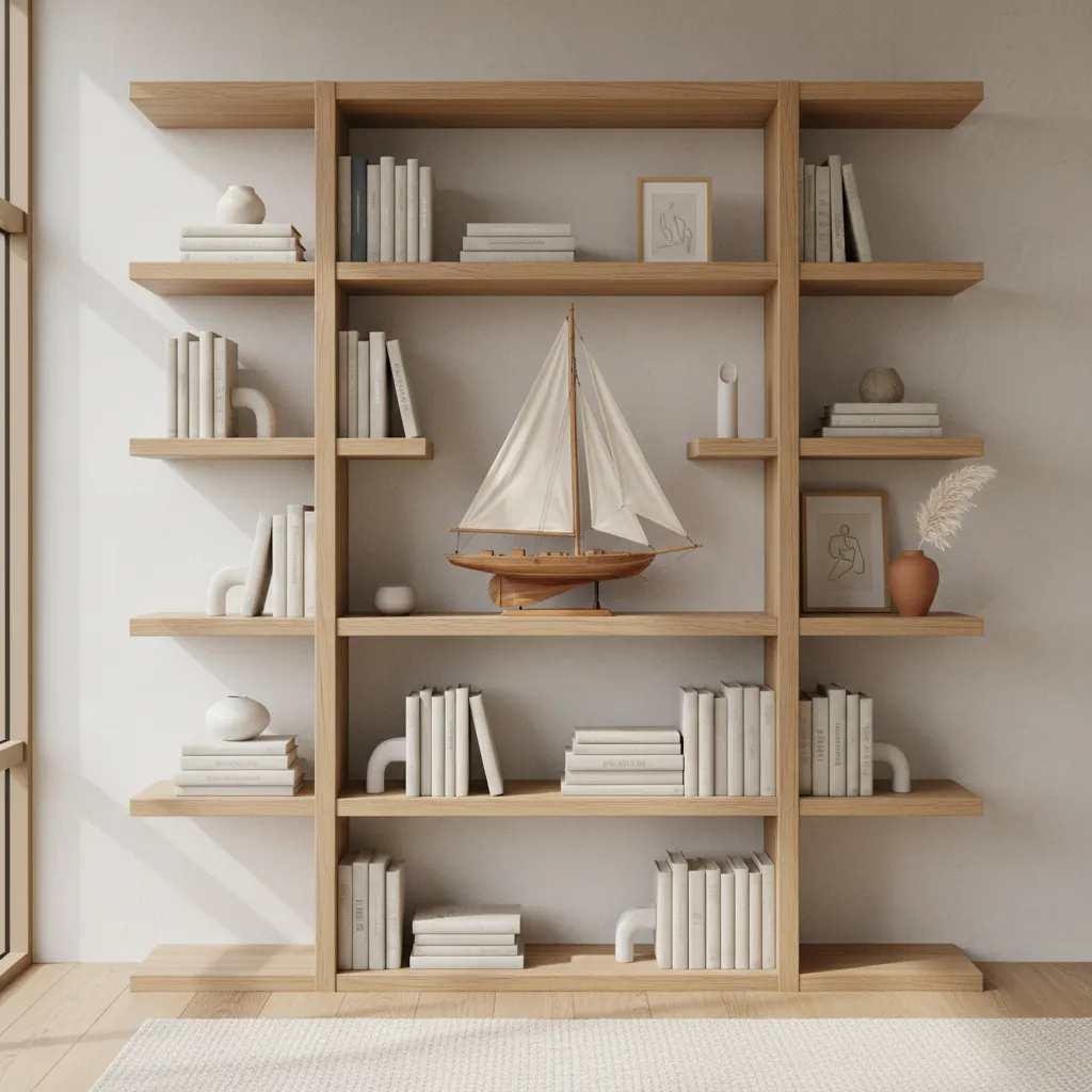 Maqueta de velero colocada en una estantería de salón con decoración minimalista