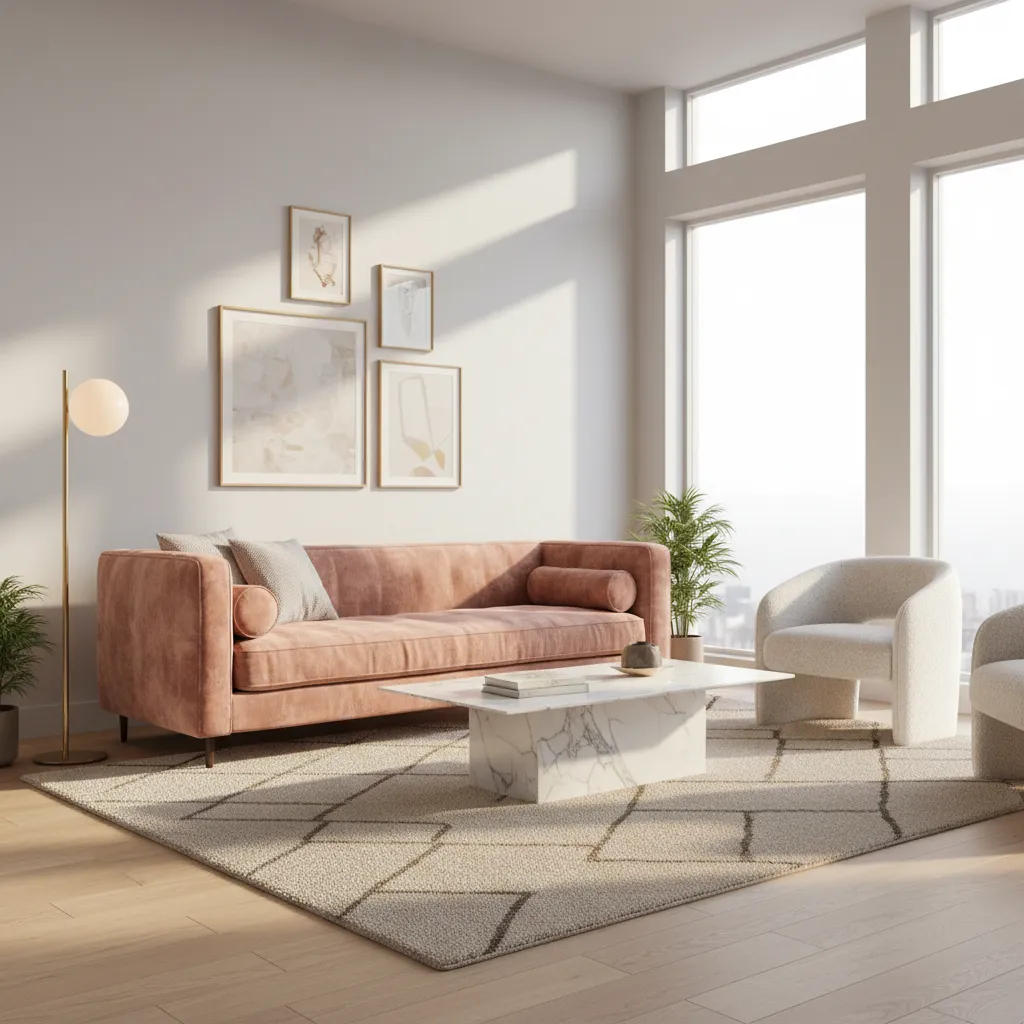 Velvet blush pink sofa paired with marble table and brass lighting