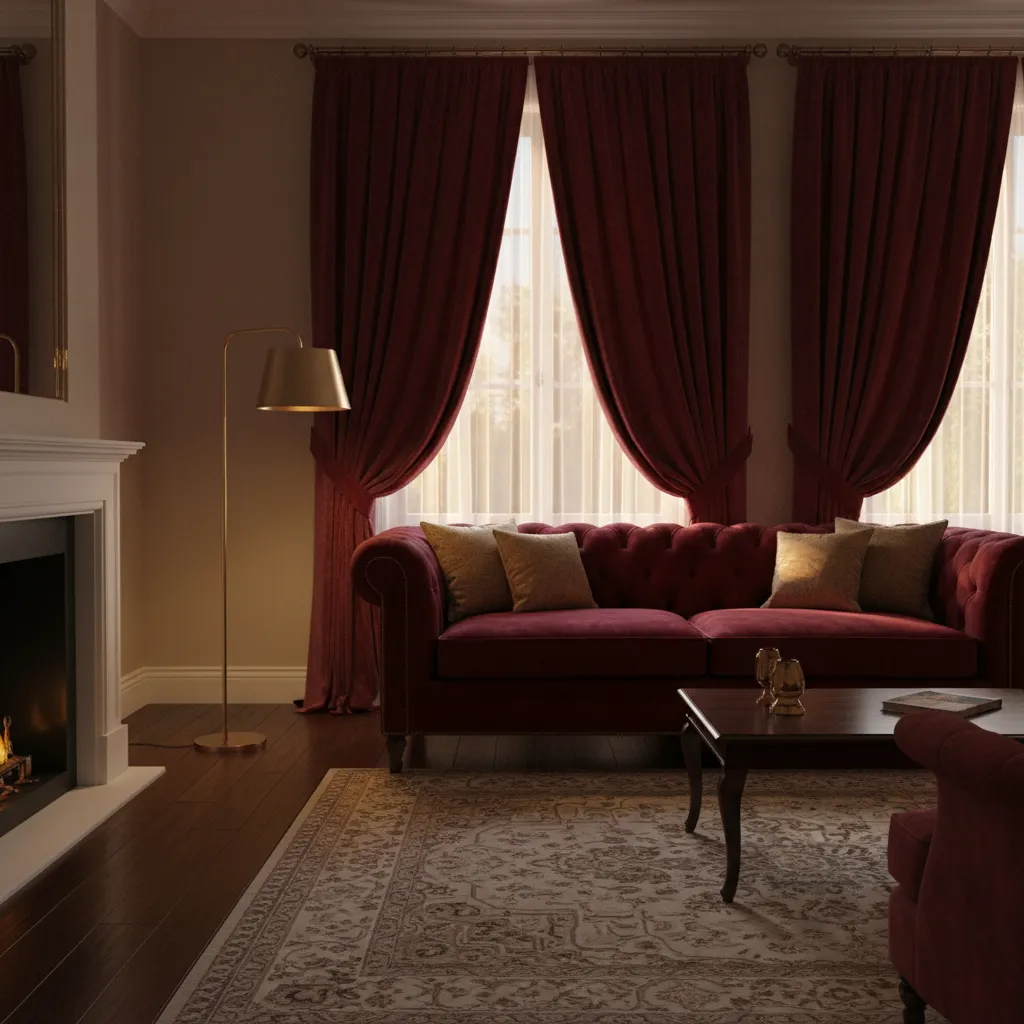 Luxury living room with deep burgundy velvet curtains and elegant furniture